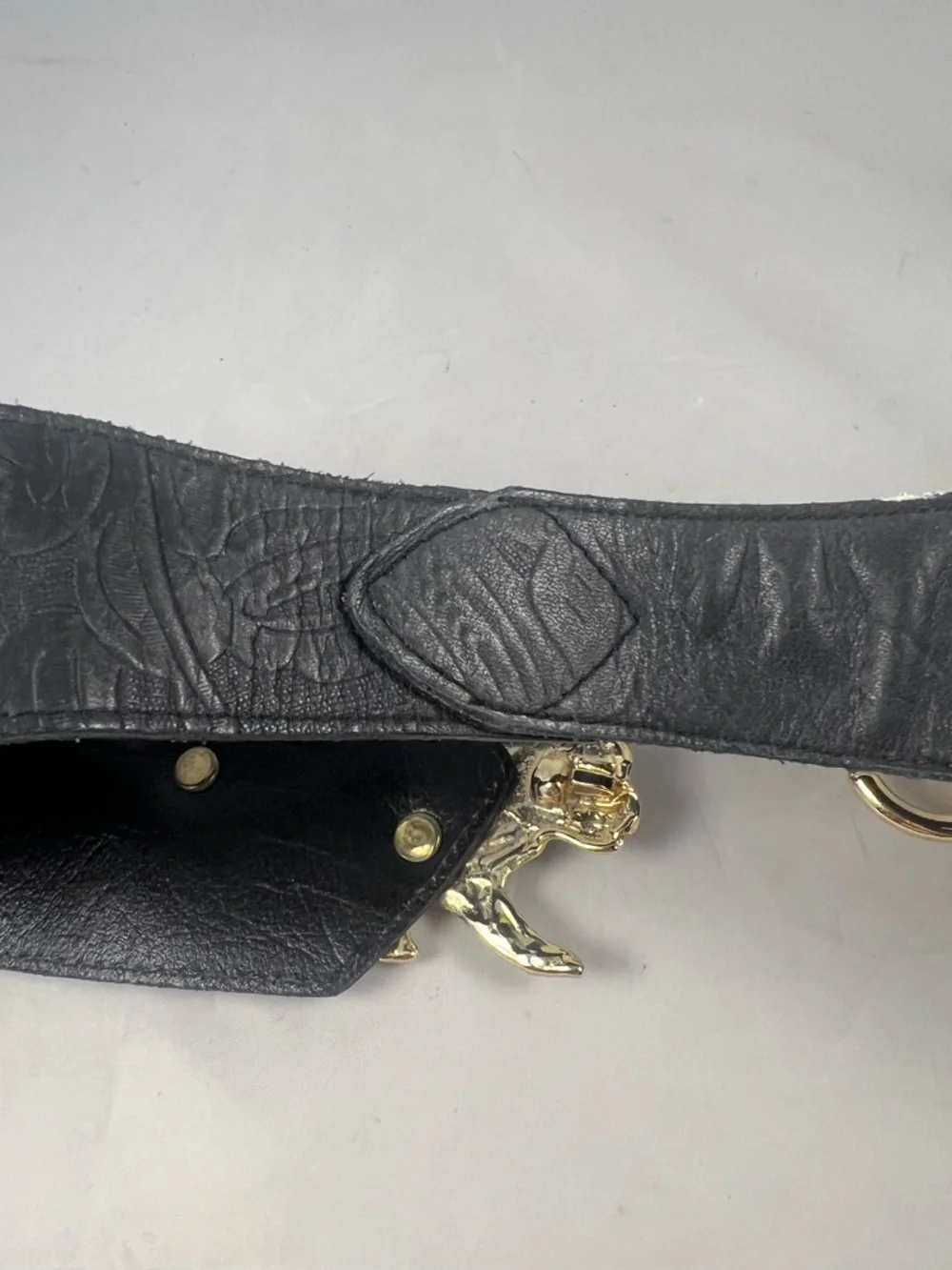 Vintage Gold Tone Double Lion Buckle Wide Black Leather Waist Belt